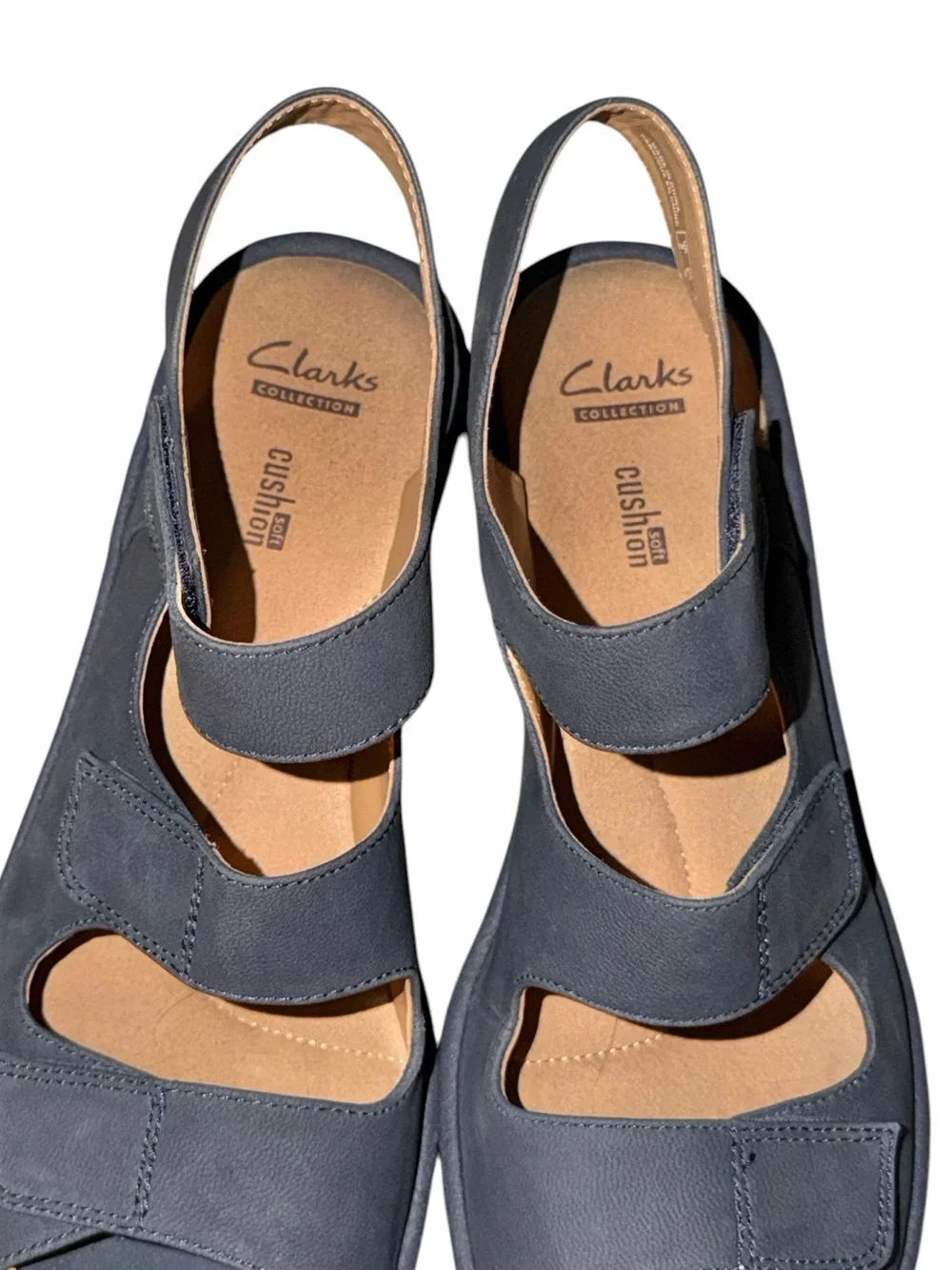 Clarks Reedly Juno Navy Nubuck Platform Wedge Comfort Soft Cushion Sandals 8.5